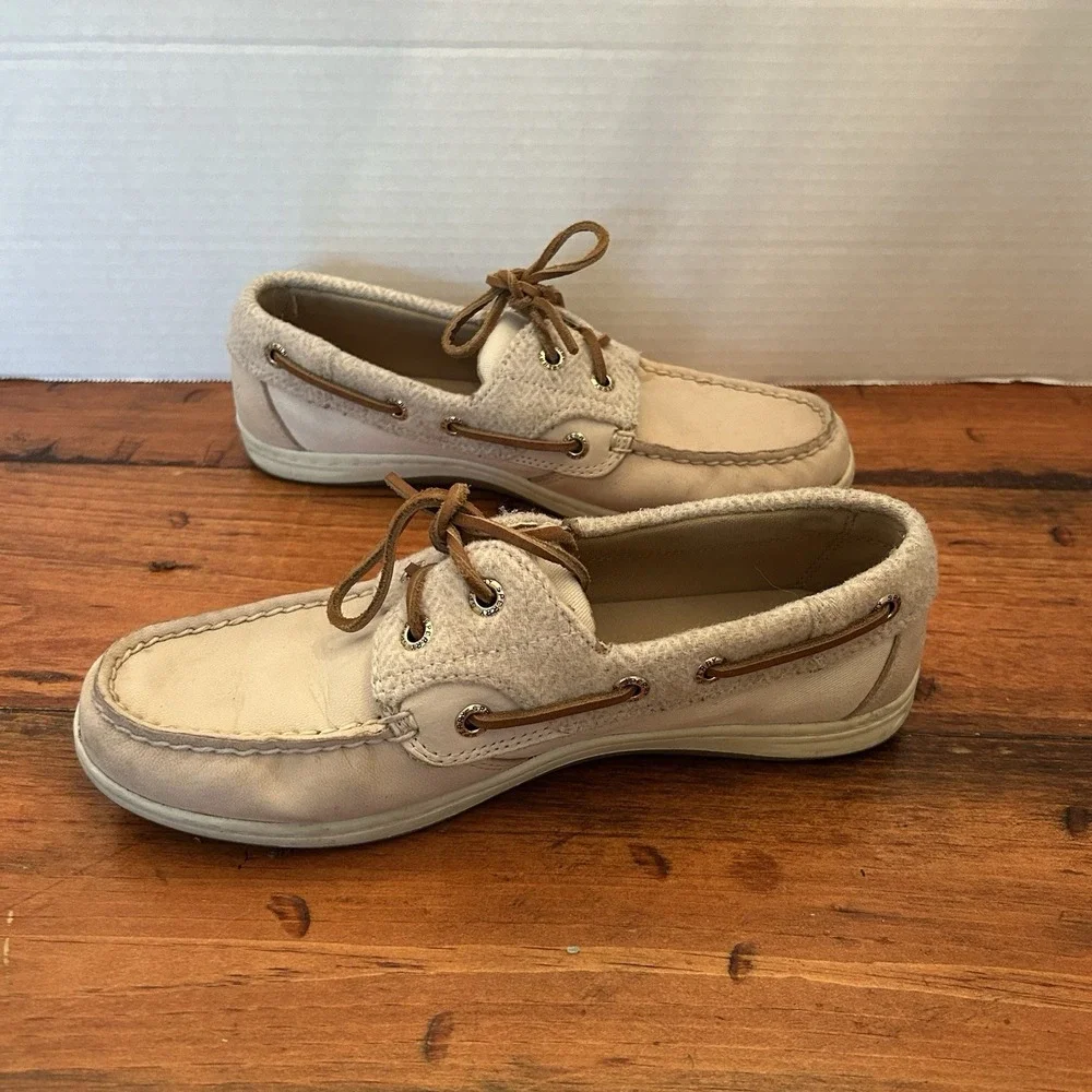 Sperry Womens 6.5 Boat Shoe Tan/Beige Leather Wool‎ Acrylic Deck